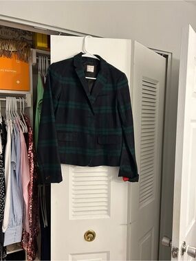 Wool Plaid Blazer Jacket - Green/Black